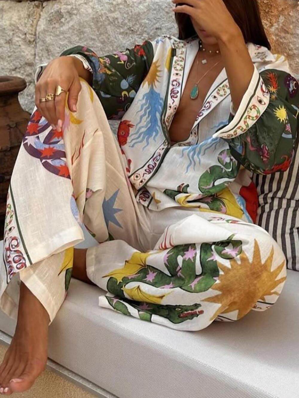 Boho Bedrucktes Zweiteiliges Set für Damen - Lässiger Schnitt mit Künstlerischen Mustern
