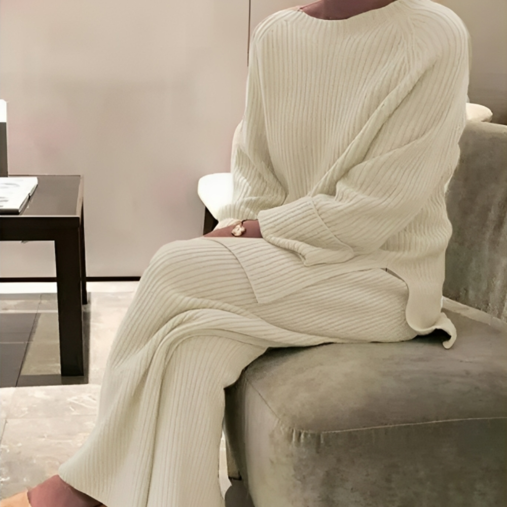 Damen Rippstrick Pullover Set | Bequemes Langarm Oberteil und Weite Hose als Homewear