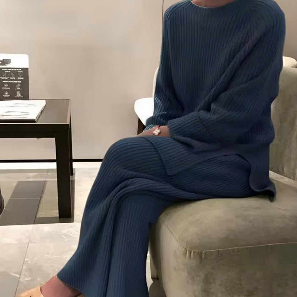 Damen Rippstrick Pullover Set | Bequemes Langarm Oberteil und Weite Hose als Homewear