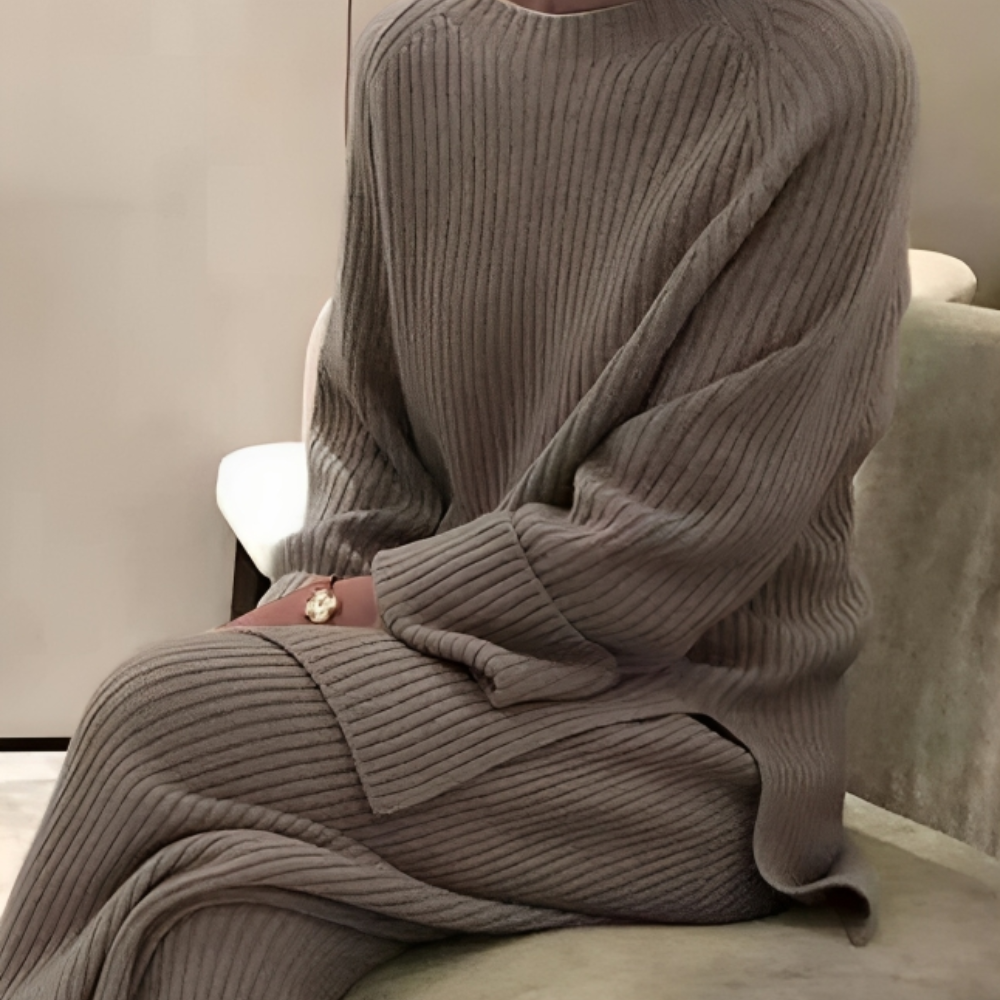 Damen Rippstrick Pullover Set | Bequemes Langarm Oberteil und Weite Hose als Homewear