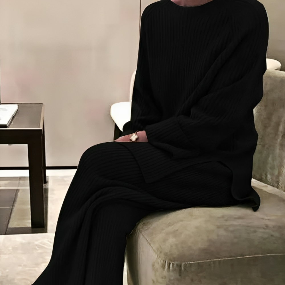 Damen Rippstrick Pullover Set | Bequemes Langarm Oberteil und Weite Hose als Homewear