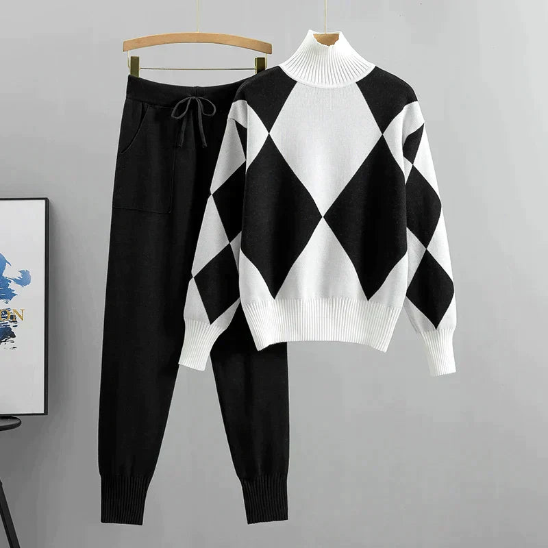 Damen Argyle Strickpullover und Hosen Set | Gemütliches Casual Zweiteiliges Outfit für Herbst/Winter