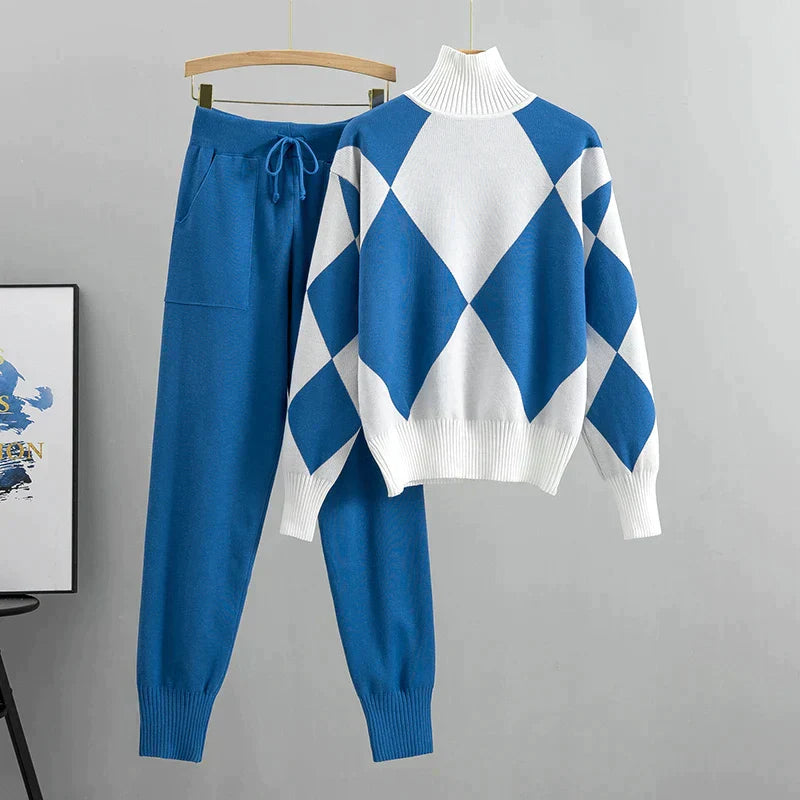 Damen Argyle Strickpullover und Hosen Set | Gemütliches Casual Zweiteiliges Outfit für Herbst/Winter