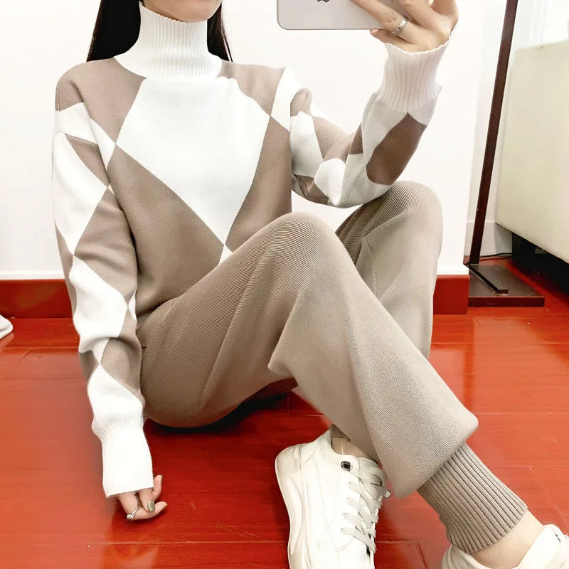 Damen Argyle Strickpullover und Hosen Set | Gemütliches Casual Zweiteiliges Outfit für Herbst/Winter