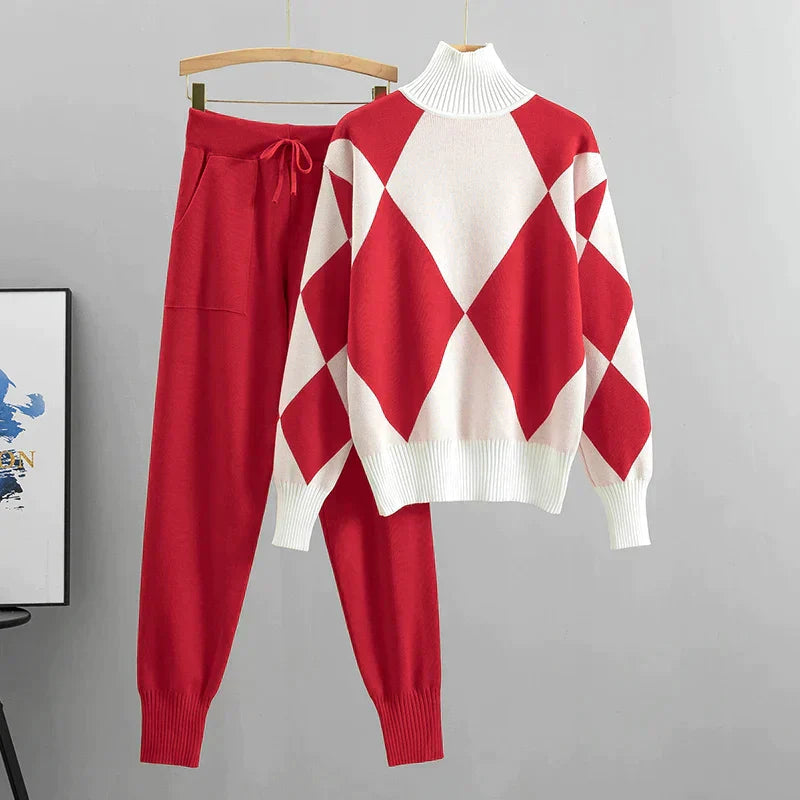 Damen Argyle Strickpullover und Hosen Set | Gemütliches Casual Zweiteiliges Outfit für Herbst/Winter