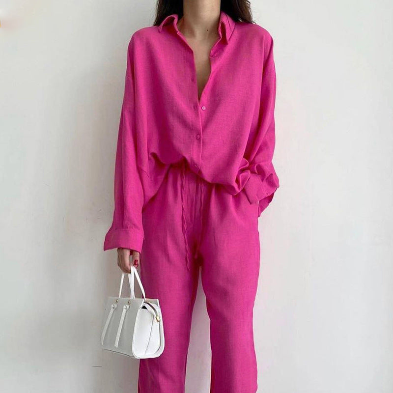 Damen Leinen Zweiteiler Set | Hemd mit Knöpfen und Hose mit Weitem Bein und Kordelzug