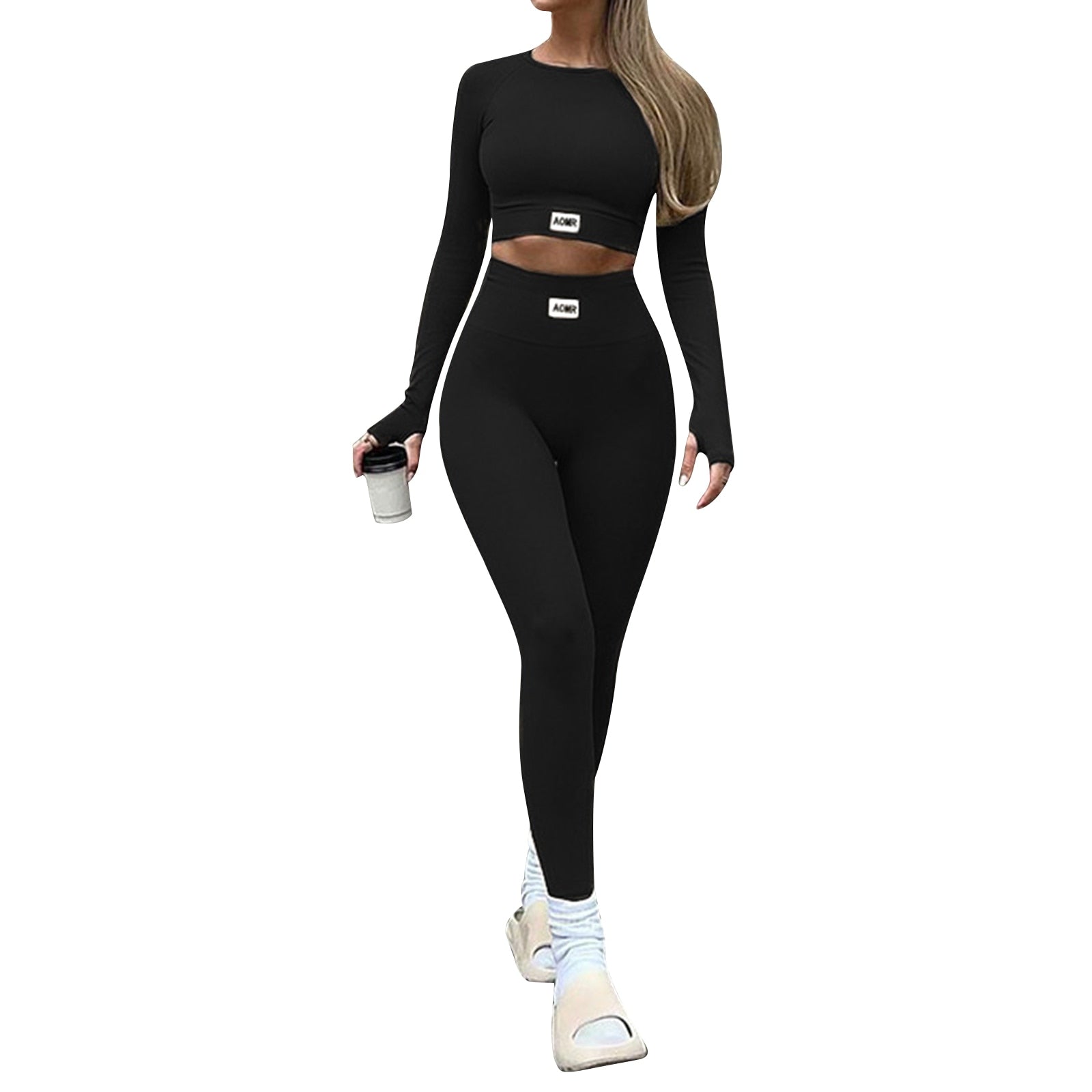 Nahtloses Workout-Set für Damen - Langarm-Crop-Top mit High-Waist-Leggings - Fitnessbekleidung