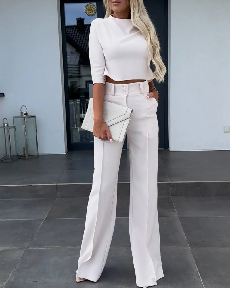 Eleganter Damen-Zweiteiler mit Schlaghose und Crop-Top – Leocadia