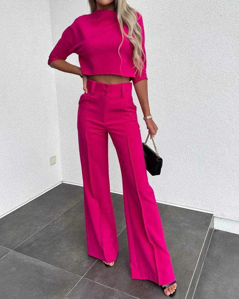 Eleganter Damen-Zweiteiler mit Schlaghose und Crop-Top – Leocadia