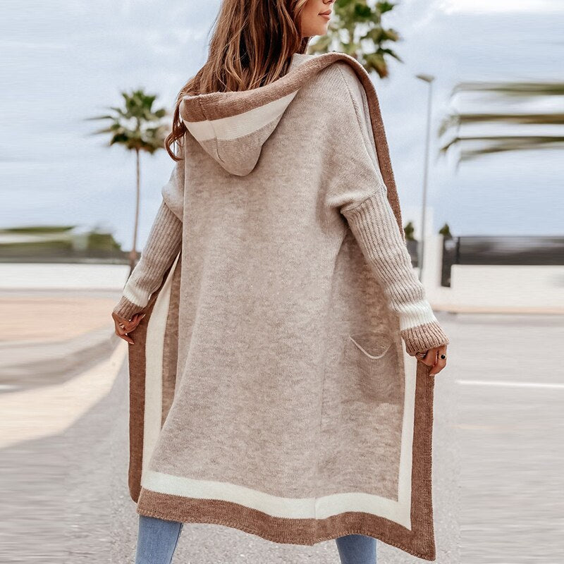 Zara Cardigan | Beigefarbener langer Strickcardigan mit Kapuze