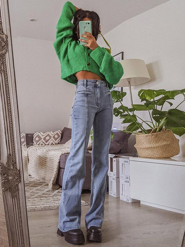 Trendige Damen Schlaghose mit Sternstickerei – Retro High-Waist Jeans