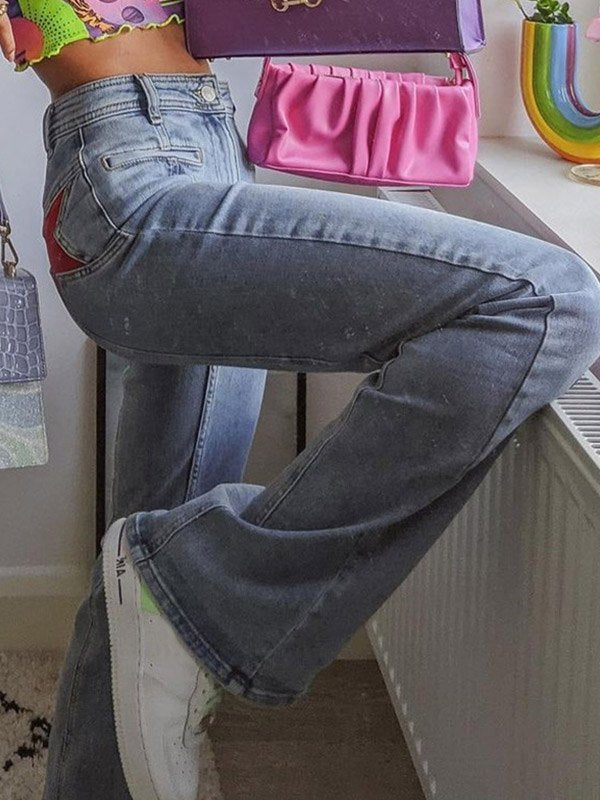 Trendige Damen Schlaghose mit Sternstickerei – Retro High-Waist Jeans
