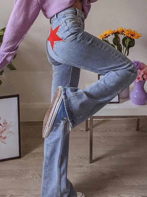 Trendige Damen Schlaghose mit Sternstickerei – Retro High-Waist Jeans