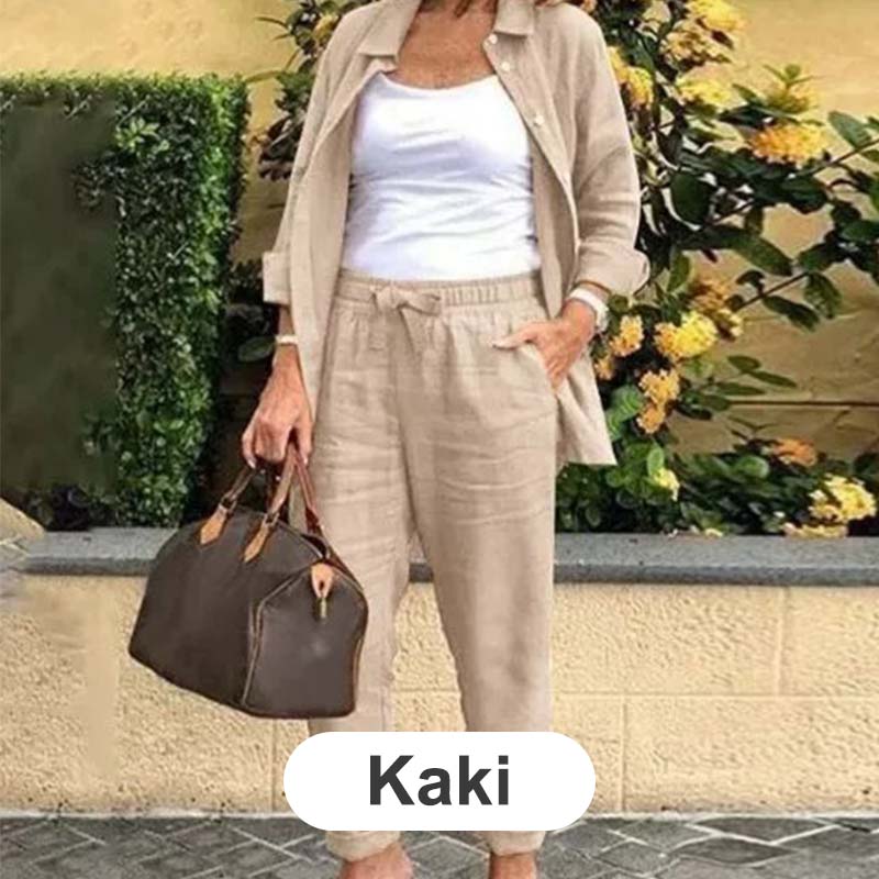 Damen-Set aus langärmligem Hemd und Hose aus Baumwolle und Leinen