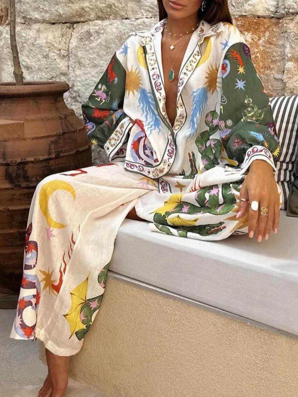 Boho Bedrucktes Zweiteiliges Set für Damen - Lässiger Schnitt mit Künstlerischen Mustern