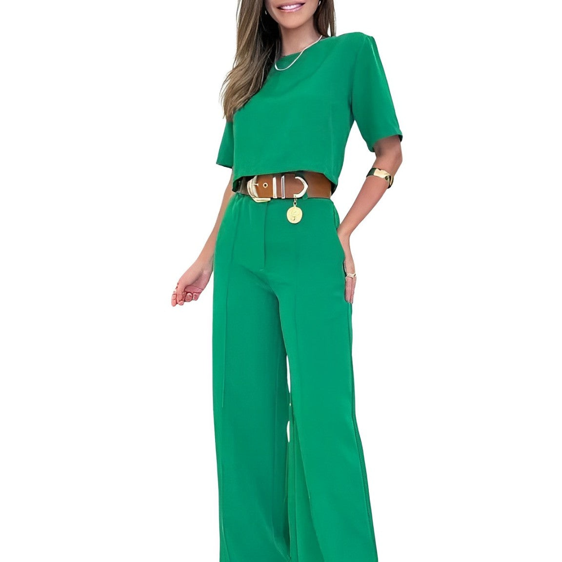 Lela - Crop-Top mit halben Ärmeln und Hose mit weitem Bein im Set