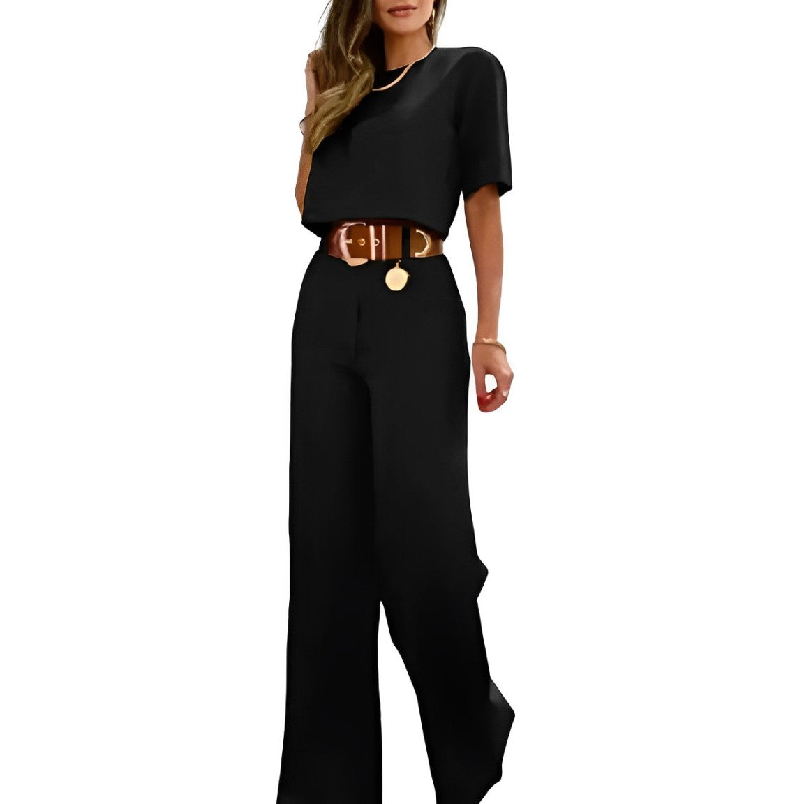 Lela - Crop-Top mit halben Ärmeln und Hose mit weitem Bein im Set