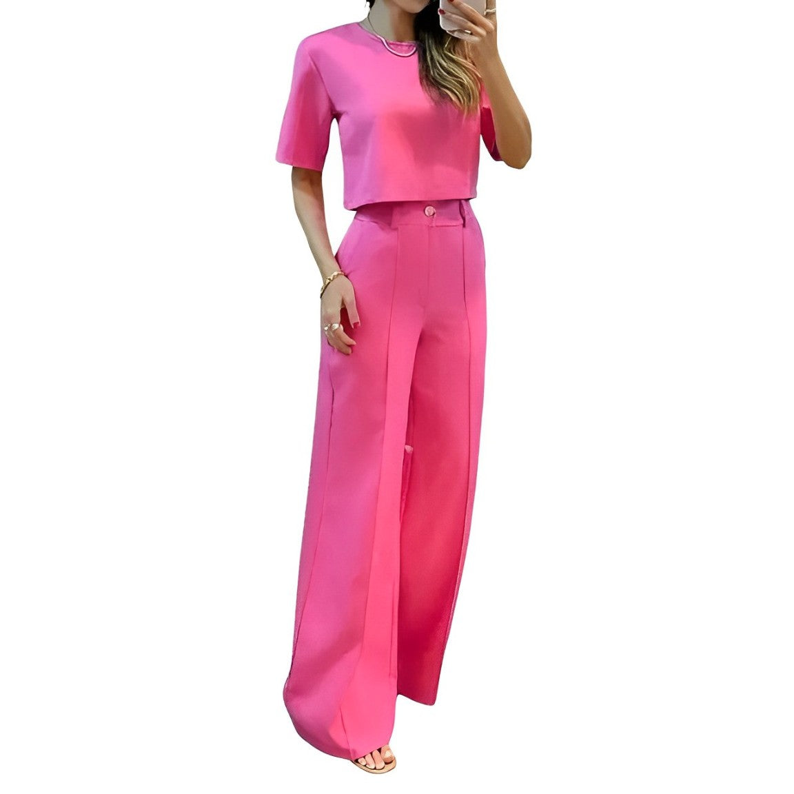 Lela - Crop-Top mit halben Ärmeln und Hose mit weitem Bein im Set