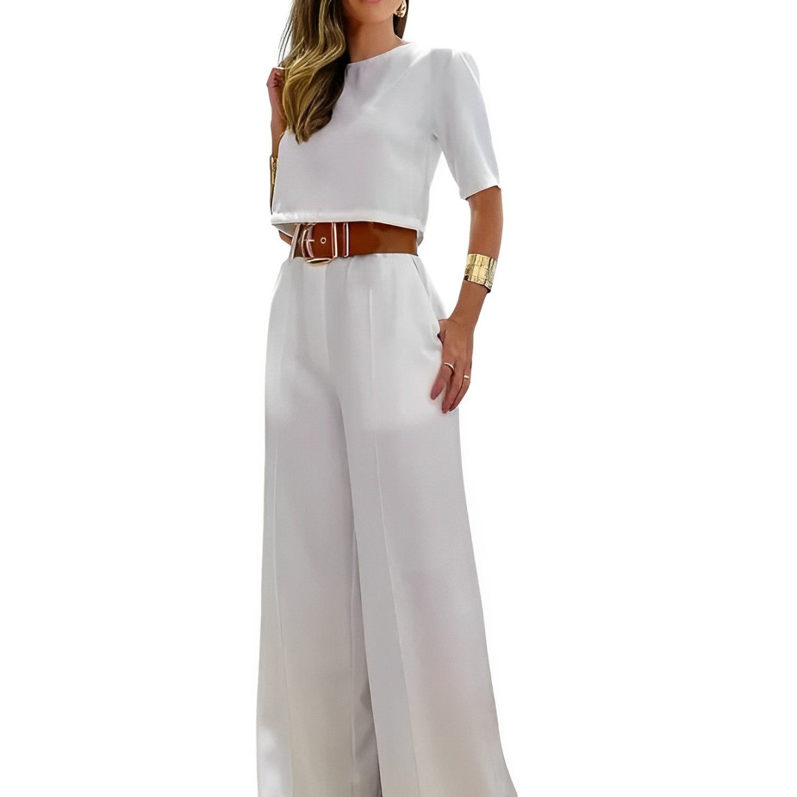 Lela - Crop-Top mit halben Ärmeln und Hose mit weitem Bein im Set