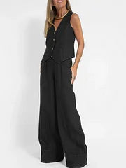 Damen Leinen Zweiteiler | Ärmellose Weste und Weite Hose