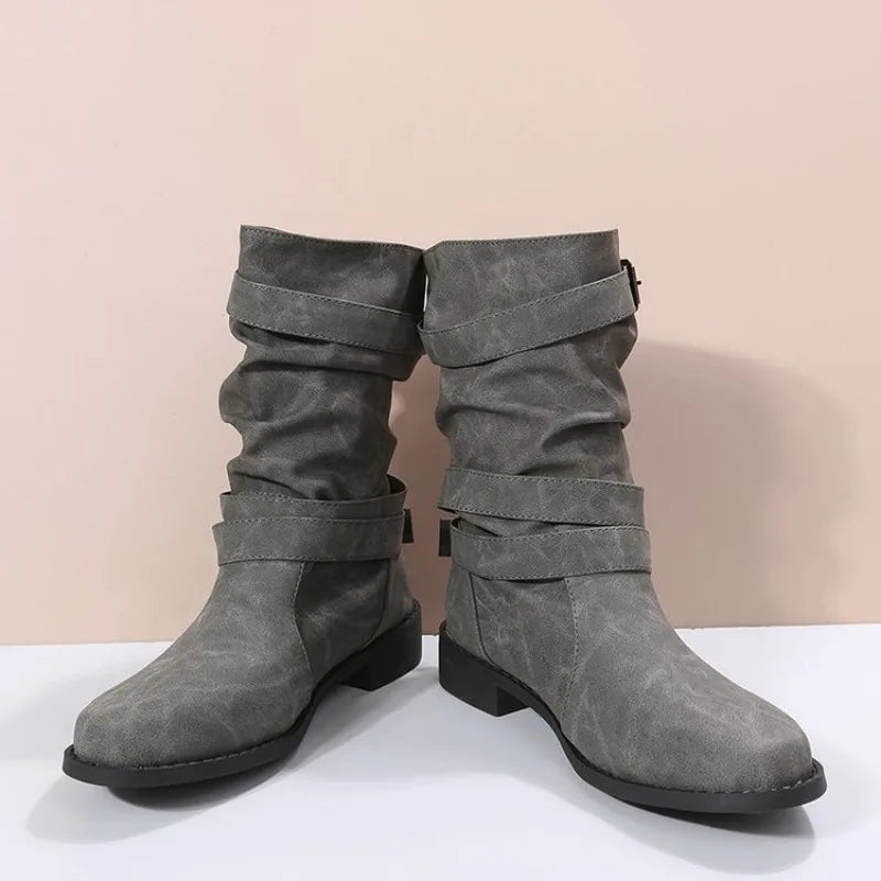 Omodo Stiefel | Bequeme halbhohe trendige Stiefel für Frauen mit Schnalle