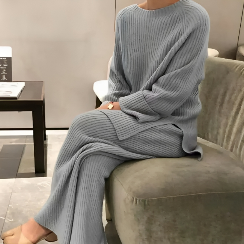 Damen Rippstrick Pullover Set | Bequemes Langarm Oberteil und Weite Hose als Homewear