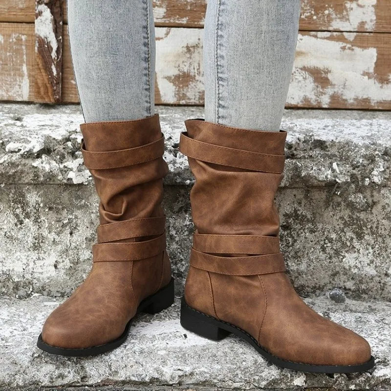 Omodo Stiefel | Bequeme halbhohe trendige Stiefel für Frauen mit Schnalle