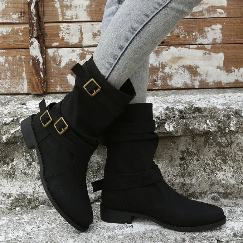 Omodo Stiefel | Bequeme halbhohe trendige Stiefel für Frauen mit Schnalle