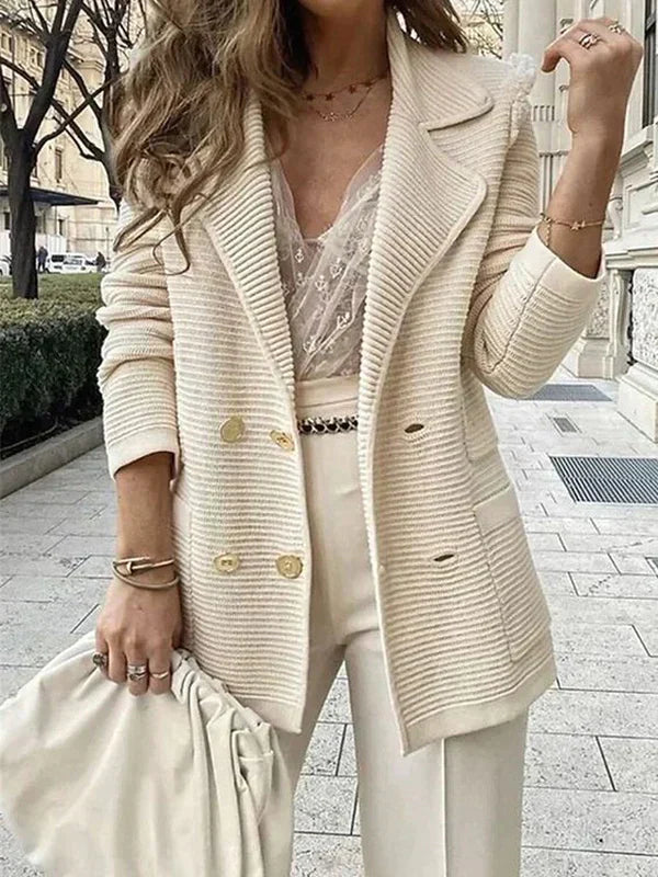 Damen Doppelreihiger Strickblazer – Schicker und Vielseitiger Langer Cardigan für Layering