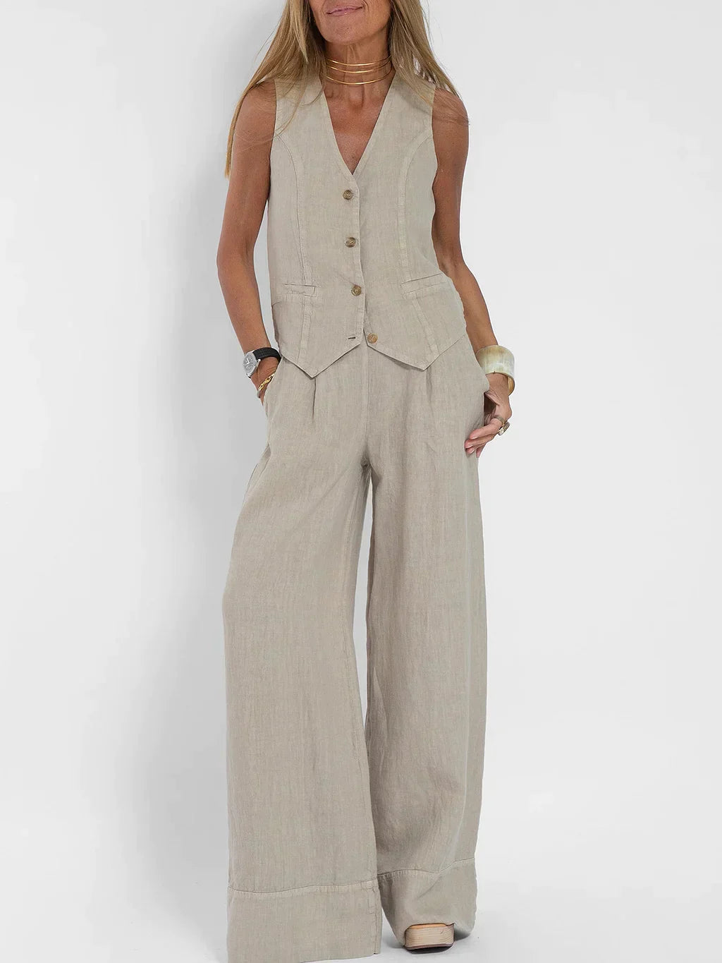 Damen Leinen Zweiteiler | Ärmellose Weste und Weite Hose