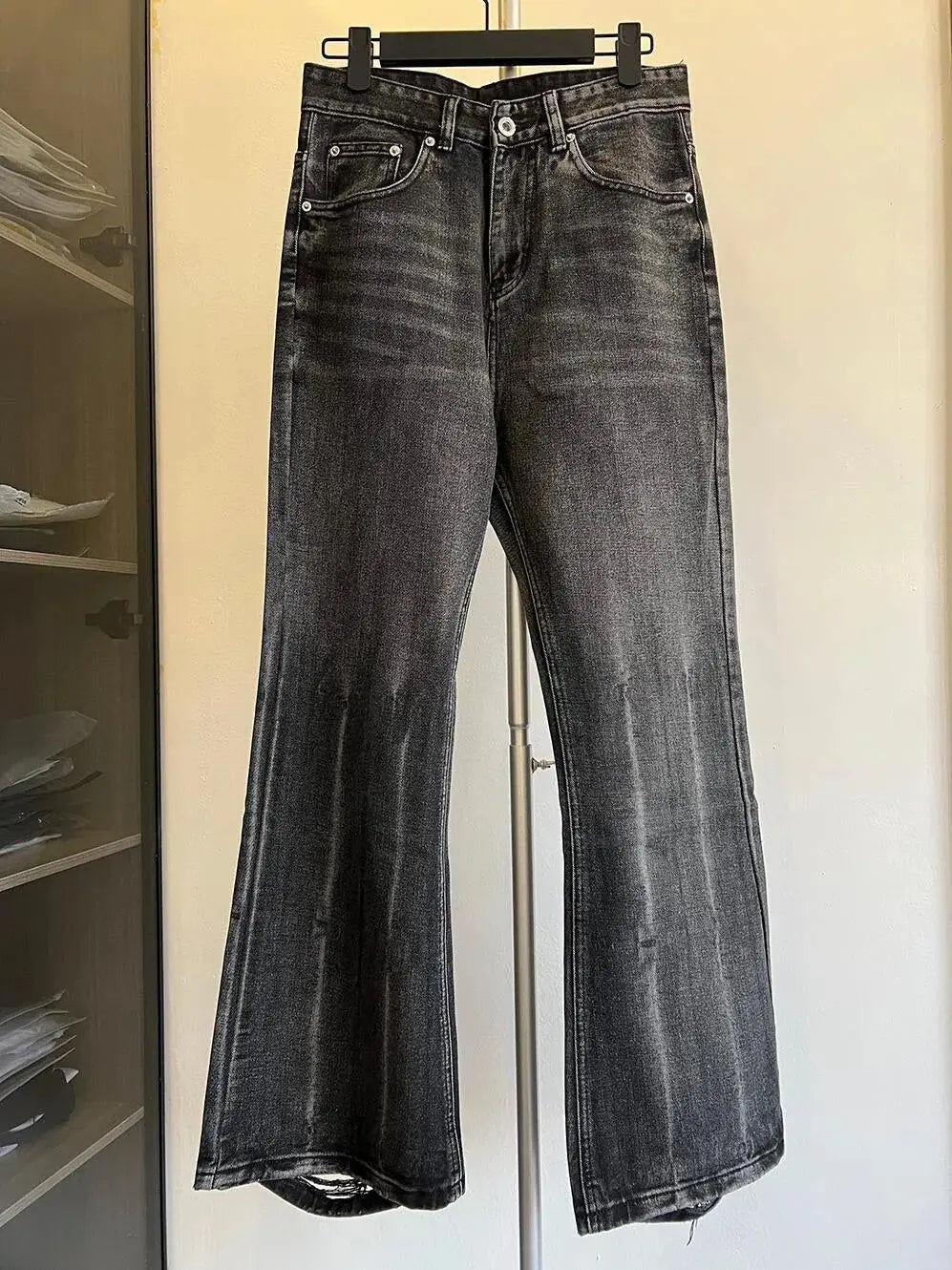 Y2K Schwarz Gewaschene Schlagjeans | Hochtaillierte Vintage Weite Denim-Hose