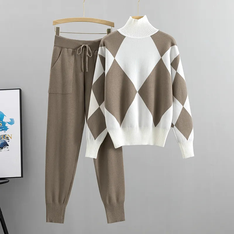 Damen Argyle Strickpullover und Hosen Set | Gemütliches Casual Zweiteiliges Outfit für Herbst/Winter