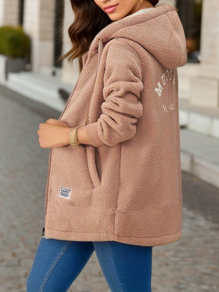 Omodo Fleecejacke | Trendige warme lange Fleecejacke mit Kapuze für Damen