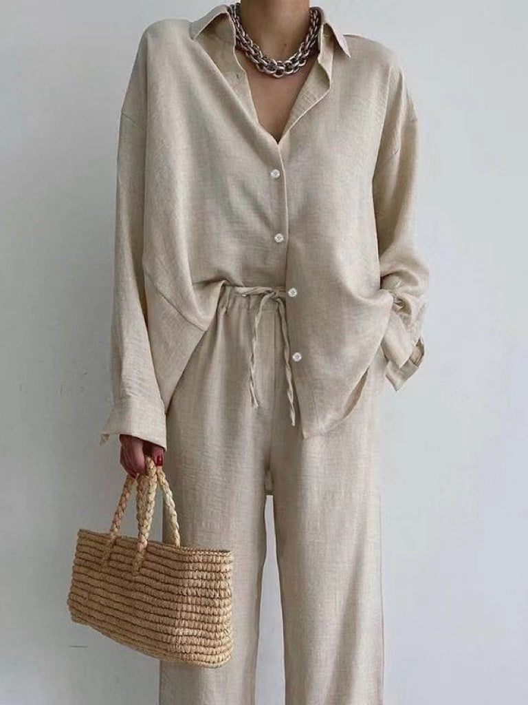 Damen Leinen Zweiteiler Set | Hemd mit Knöpfen und Hose mit Weitem Bein und Kordelzug