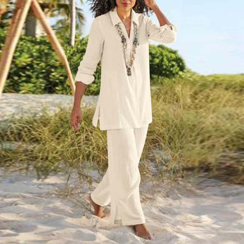 Damen Zweiteiliges Set | Tunika mit V-Ausschnitt und Weite Hose