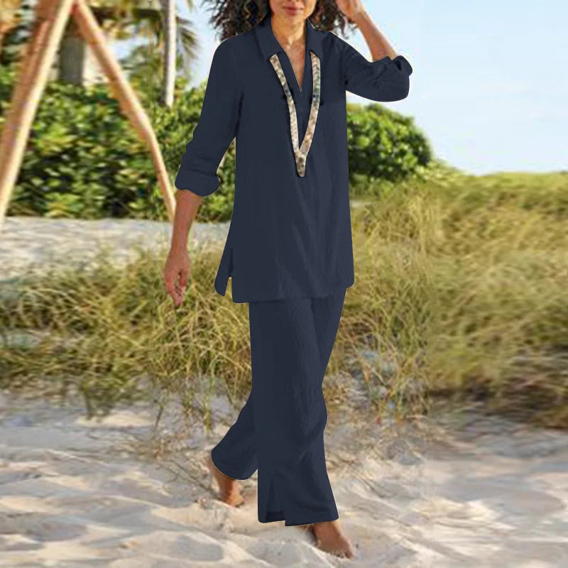 Damen Zweiteiliges Set | Tunika mit V-Ausschnitt und Weite Hose