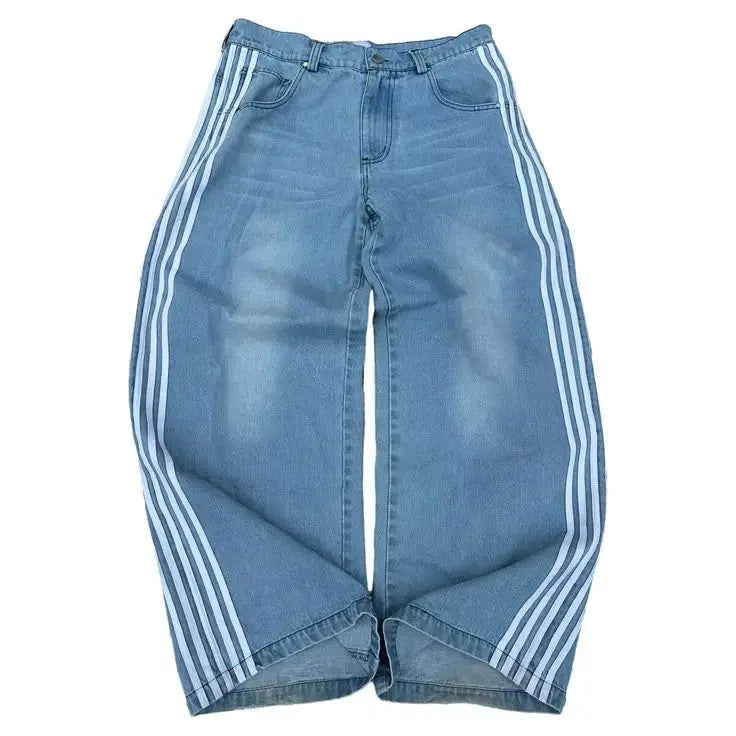 Y2K Baggy Jeans mit hoher Taille mit Seitenstreifen - lässige Streetwear-Hose im Retro-Stil