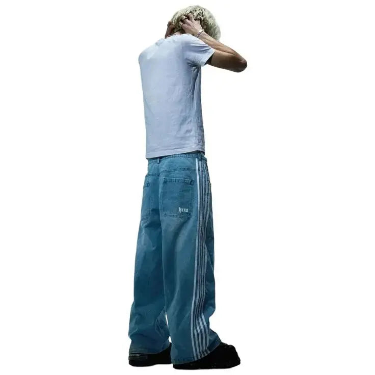 Y2K Baggy Jeans mit hoher Taille mit Seitenstreifen - lässige Streetwear-Hose im Retro-Stil