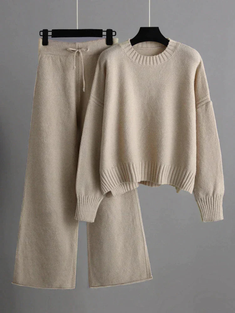 Damen Zweiteiliges Lounge-Set mit Weitbein-Hose und Oversize-Pullover - Bequem & Stilvoll