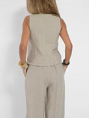 Damen Leinen Zweiteiler | Ärmellose Weste und Weite Hose