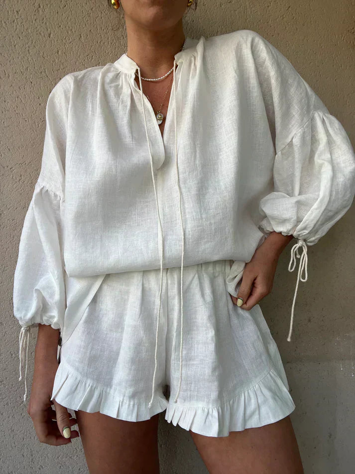Boho-Zweiteiler – Weite Bluse mit Volant-Shorts | Perfekt für lässige Sommer-Looks