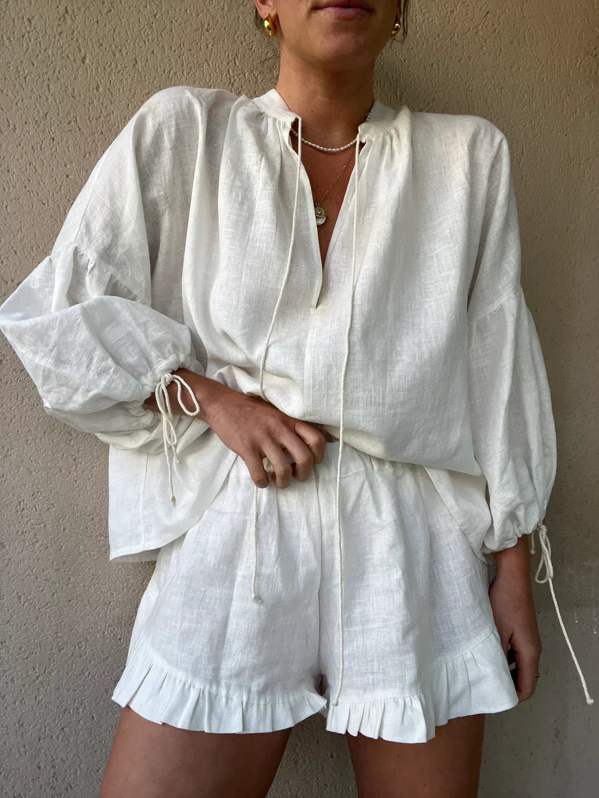 Boho-Zweiteiler – Weite Bluse mit Volant-Shorts | Perfekt für lässige Sommer-Looks