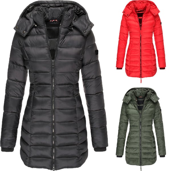 Mittellange wattierte Winterjacke für Frauen, einfarbige, warme Kapuzenjacke