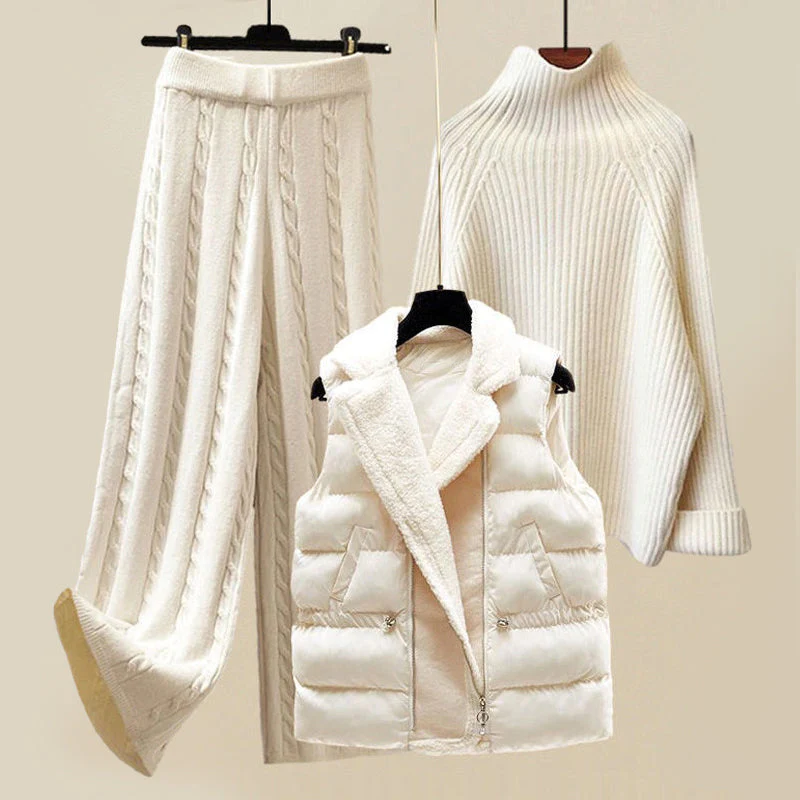 Cozy Chic 3-teiliges Set aus Kabelstrick und Pufferweste für Frauen