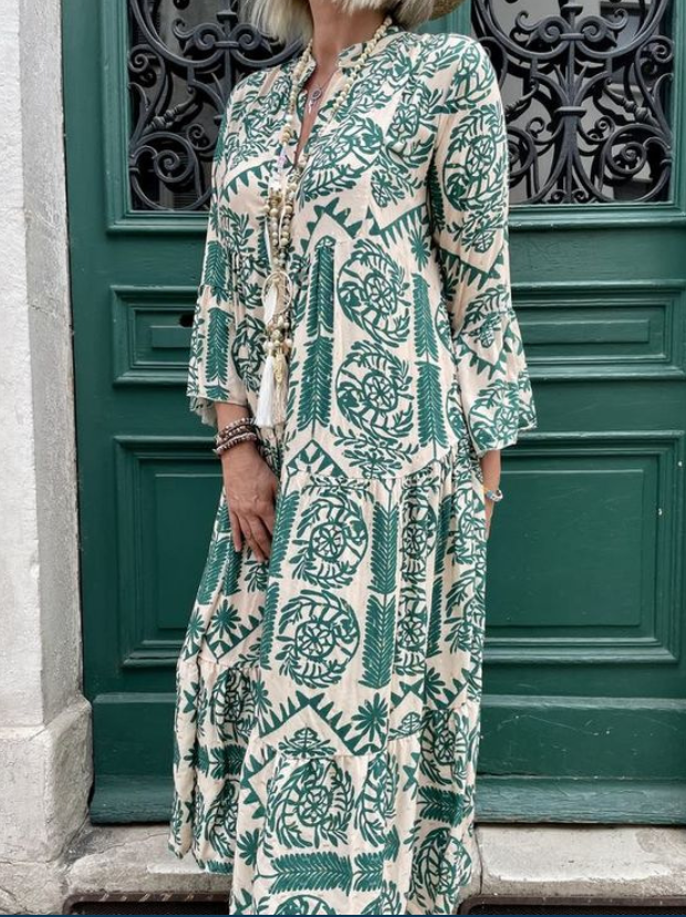 Viona | Langärmeliges Maxikleid mit Paisley-Print und Knopfleiste