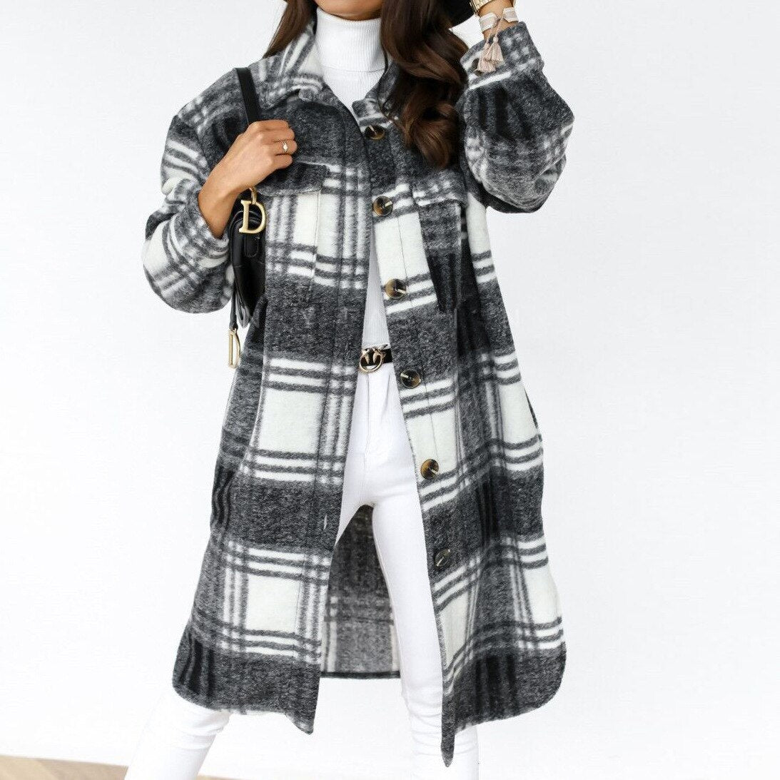 Luna Plaid Jacke | Bequemer langer Woll-Look mantel für Damen