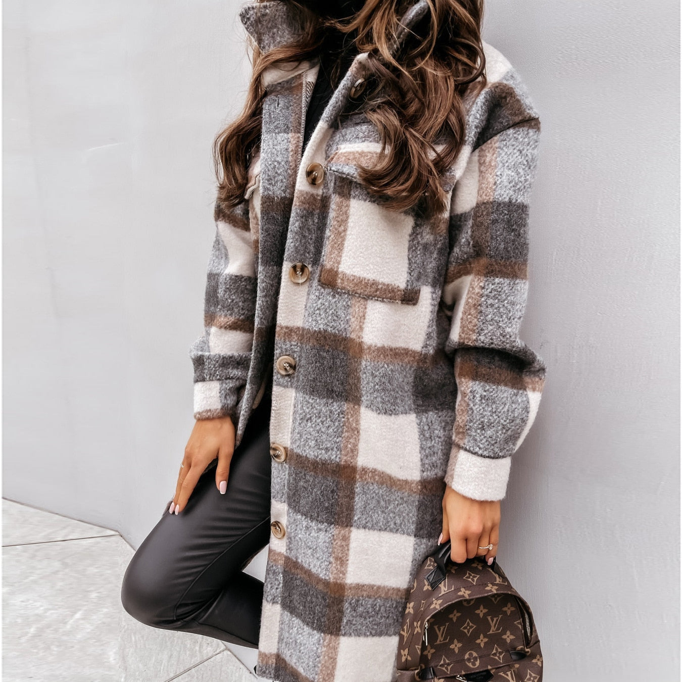 Luna Plaid Jacke | Bequemer langer Woll-Look mantel für Damen