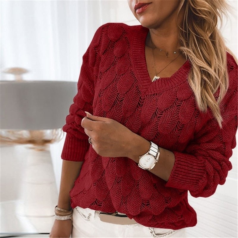 V-Sweater mit Blatt-Motiv