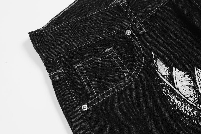 Y2K-Jeans für Herren mit grafischem Aufdruck und Gothic-Stickerei | Streetwear Gerade Passform